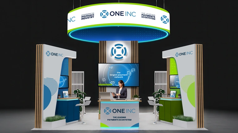 One Inc trade-show booth with blue and green branded displays