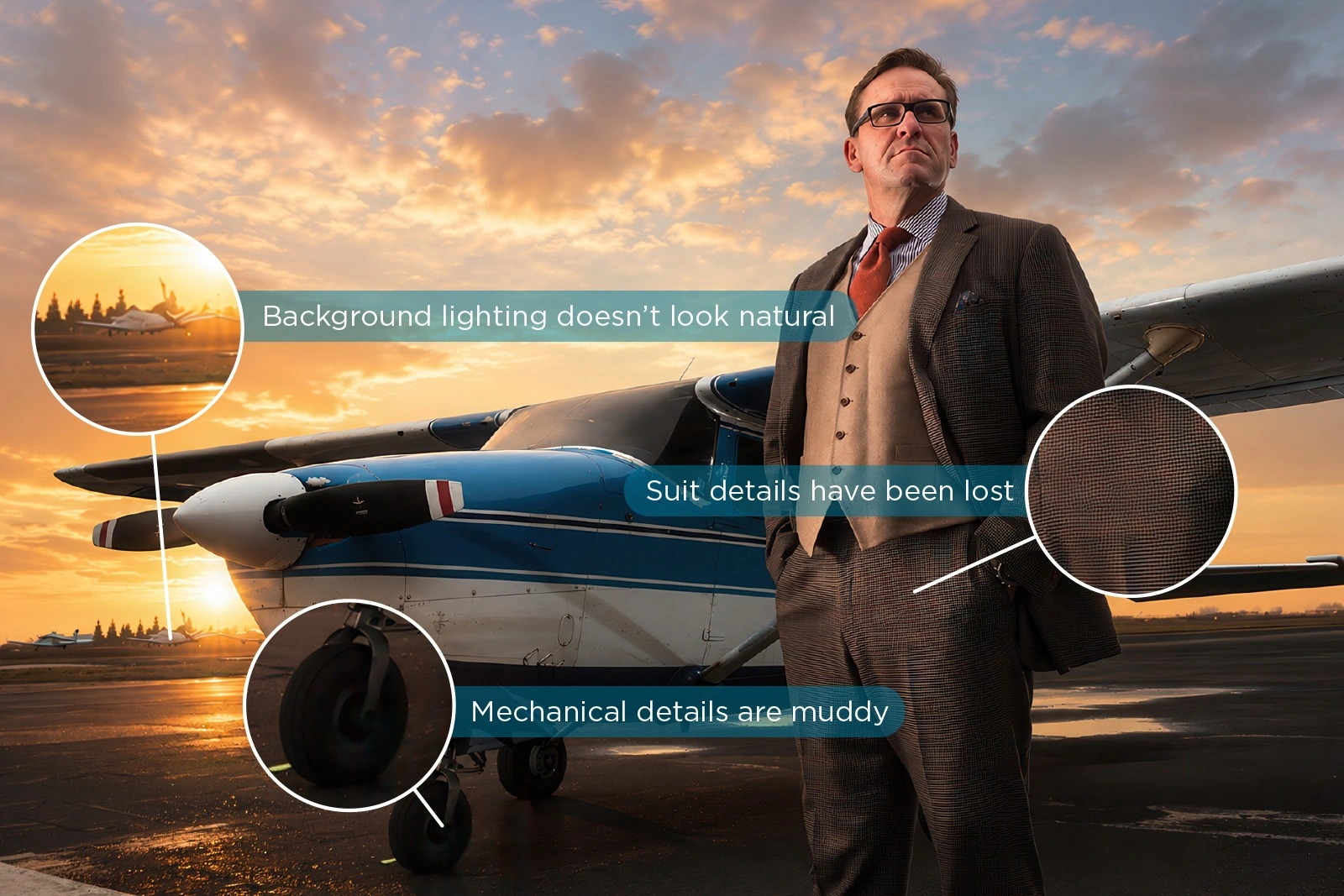 AI exploration with annotated issues in lighting, suit texture, and aircraft detail